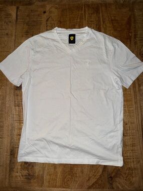 Ferrari White Short Sleeve V-Neck Tee with Subtle Shield